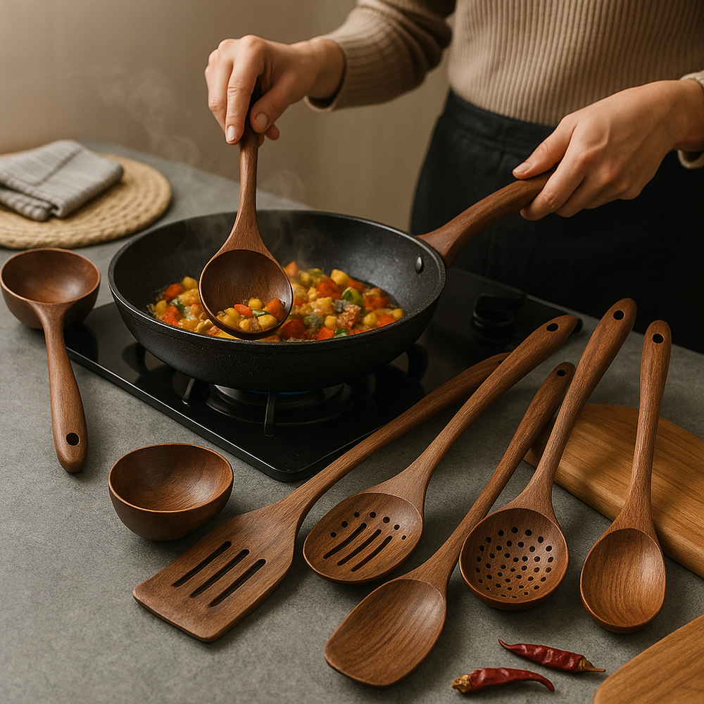 Hochwertiges Teakholz Holzbesteck Set, kratzfest & hitzebeständig, ideal für umweltfreundliches Küchenzubehör.