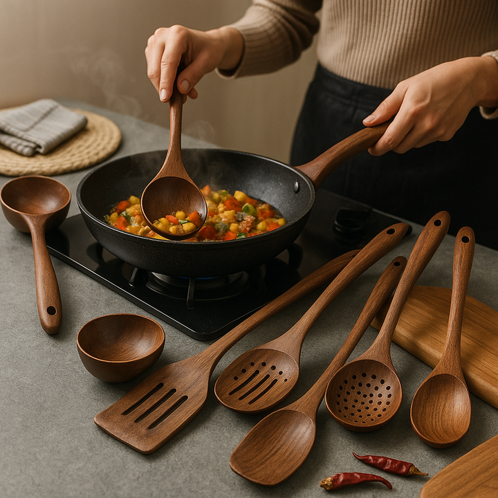 Hochwertiges Teakholz Holzbesteck Set, kratzfest & hitzebeständig, ideal für umweltfreundliches Küchenzubehör.