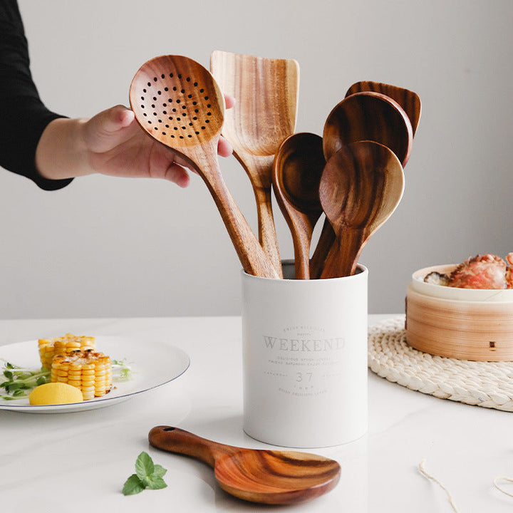 Mehrteiliges Teakholz Kochbesteck Set: Löffel, Spatel & Wender aus nachhaltigem Holz für Kochen.