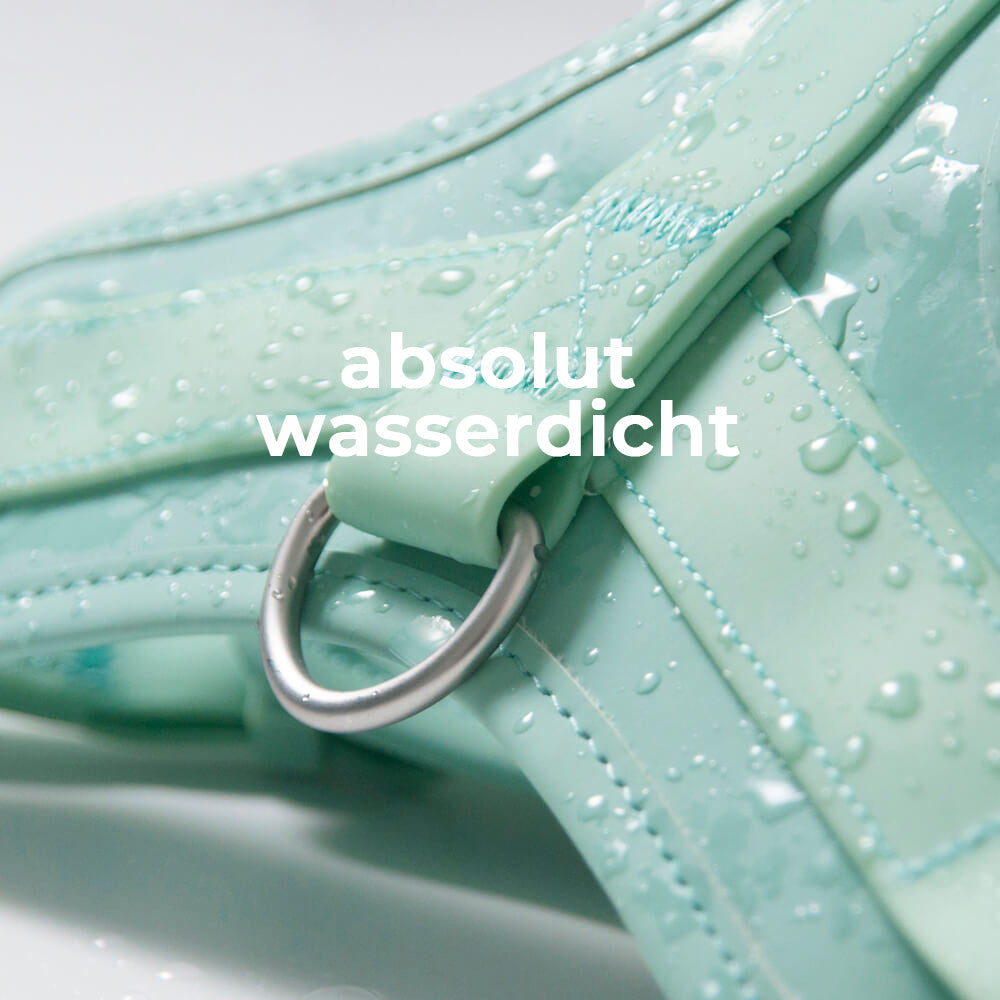 Pflegeleichtes, minzgrünes Hundegeschirr aus robustem, wasserdichtem Gummi. Antibakteriell.