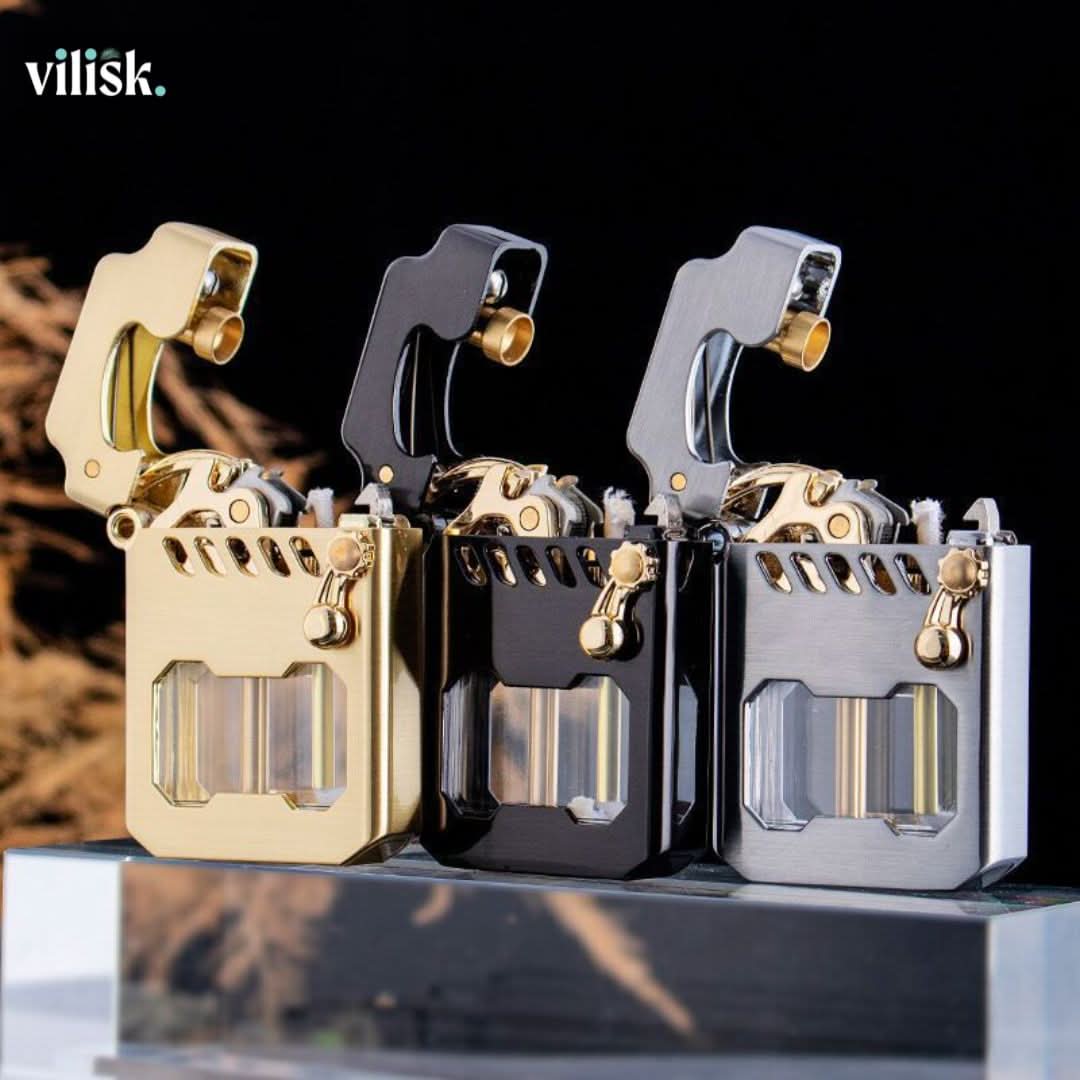 Winddichtes Camping-Feuerzeug mit robustem Metallgehäuse und präzisem Zahnrad-Mechanismus.