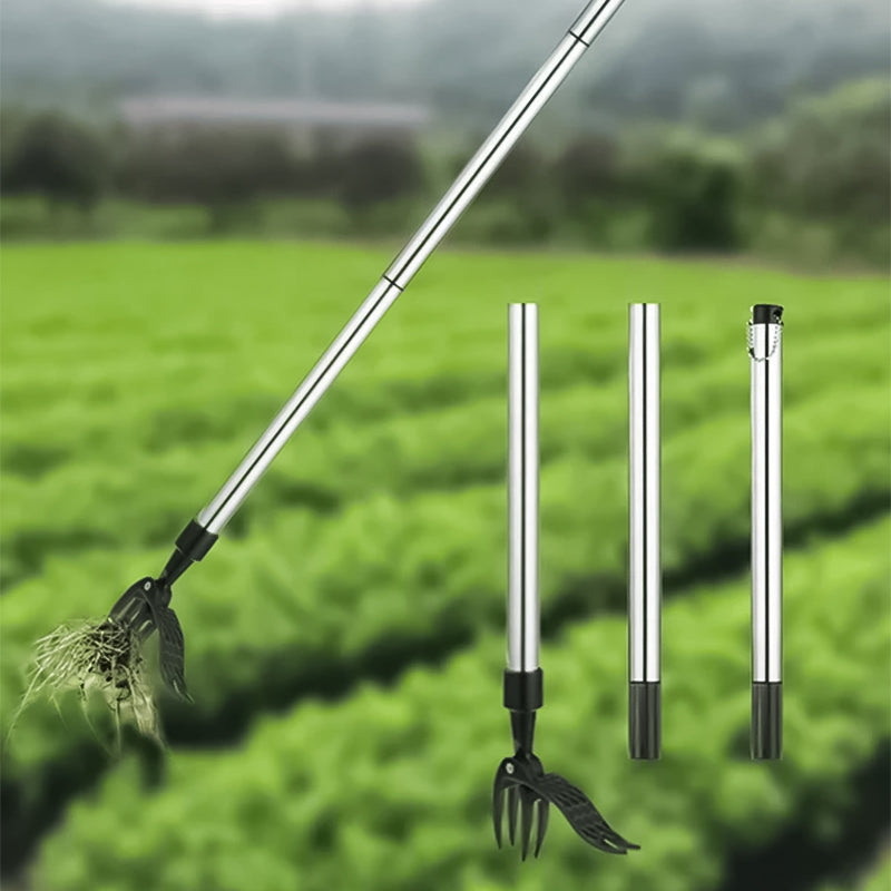 Das RootPuller Jätewerkzeug im grünen Garten, macht Gartenarbeit einfacher und angenehmer.
