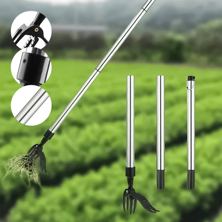 RootPuller Unkrautstecher im Einsatz, entfernt Unkraut mit Wurzel, schont den Rücken bei der Gartenarbeit.