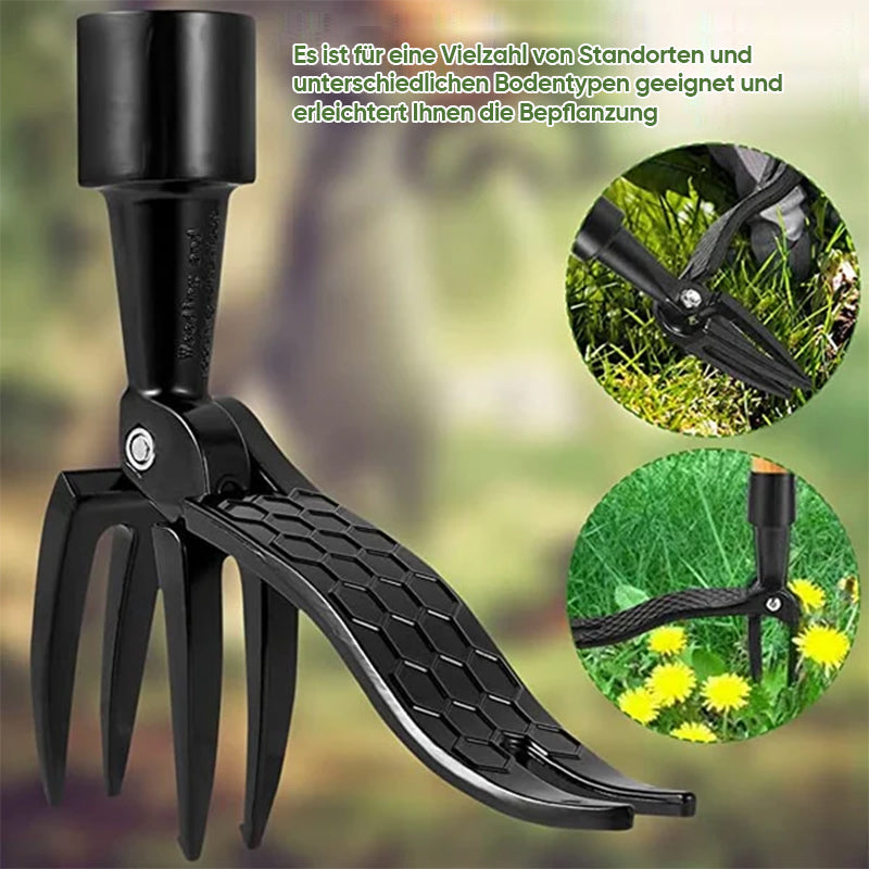 Detailansicht des RootPuller Handwerkzeugs, rückenfreundliches Design und robuste Edelstahlklingen.