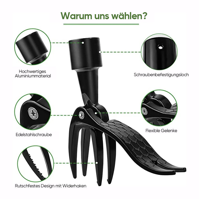 Person nutzt RootPuller im Garten, rückenschonend und komfortabel für die Pflanzenpflege.