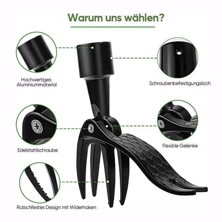 Person nutzt RootPuller im Garten, rückenschonend und komfortabel für die Pflanzenpflege.