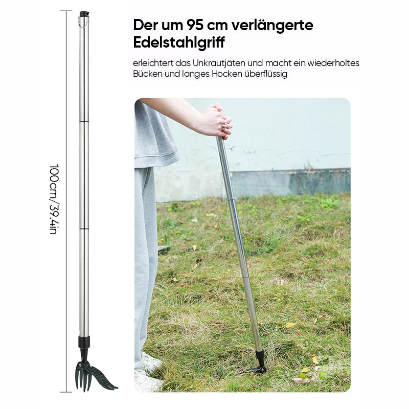 RootPuller Unkrautentferner mit langem Stiel, ideal für komfortables Jäten ohne Bücken.