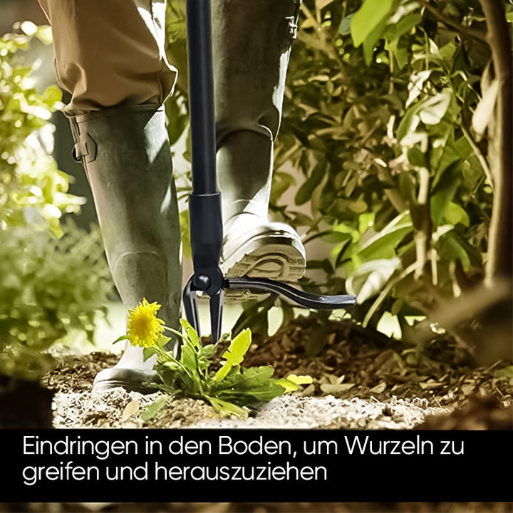 Der RootPuller Gartenhelfer zeigt seine ergonomische Form für ermüdungsfreies Unkrautjäten.