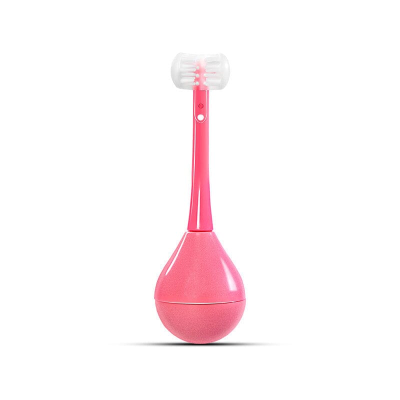 Kinderzahnbürste dreiseitig in Rosa, ideal für eine schnelle und komplette Zahnreinigung.