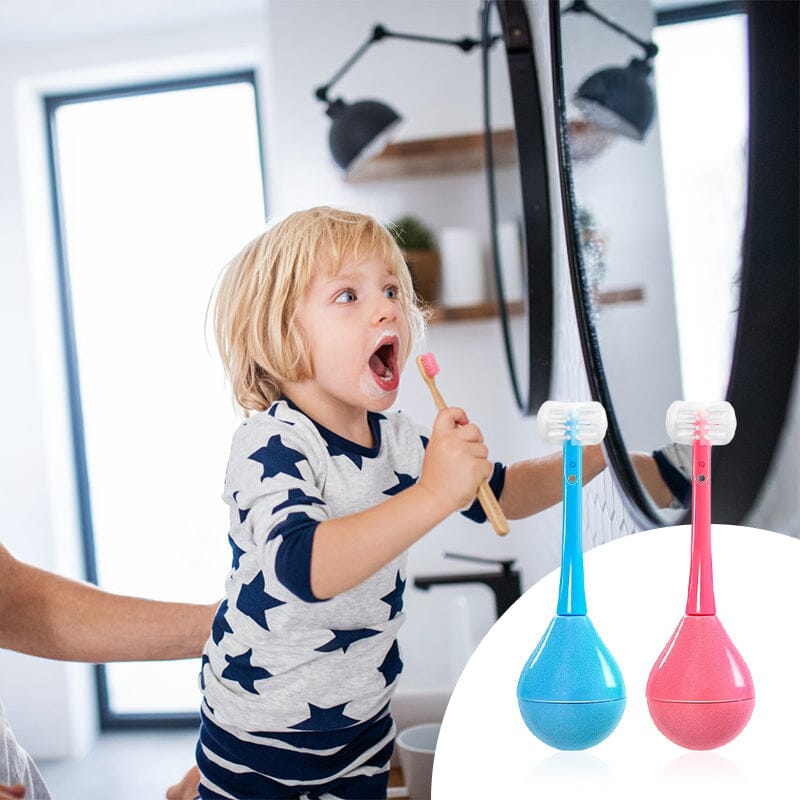 Blaue Dreifach-Kinderzahnbürste mit sanften Borsten. Effektive Mundhygiene für Kinder.