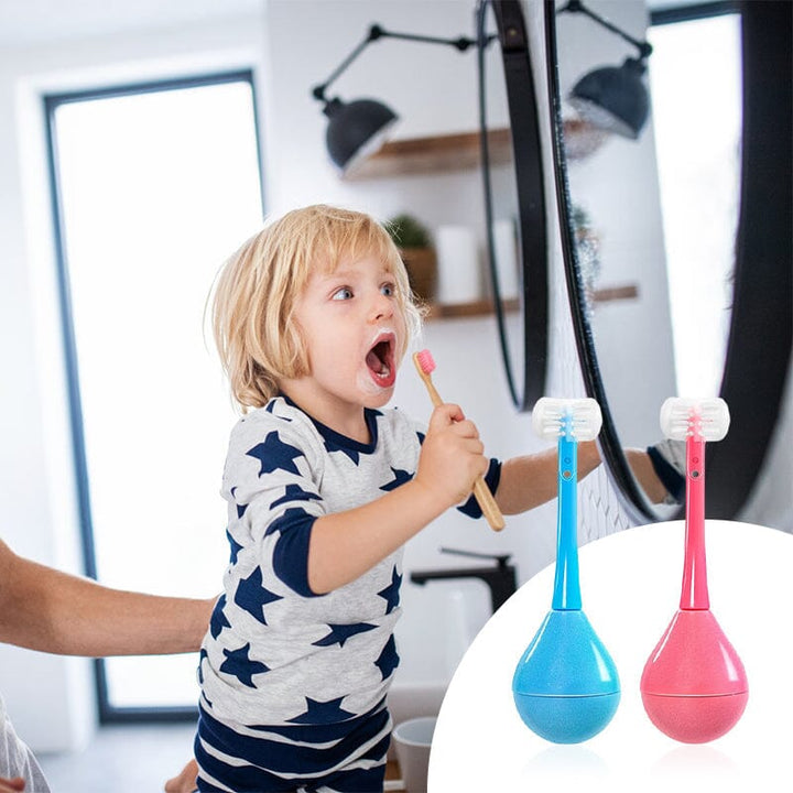 Blaue Dreifach-Kinderzahnbürste mit sanften Borsten. Effektive Mundhygiene für Kinder.