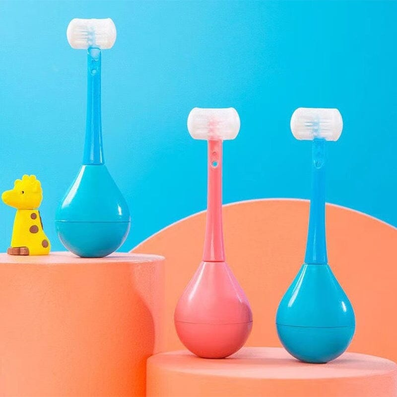 Ergonomische Dreifach-Kinderzahnbürste für effektive Zahnreinigung und Zahnpflege. Rosa.