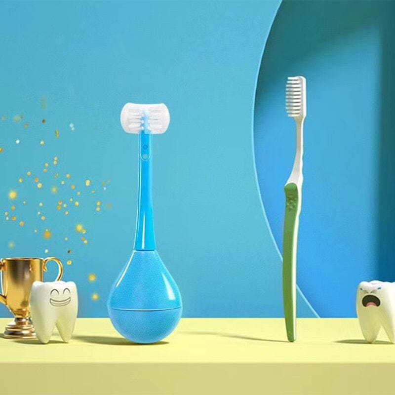 Blaue Kinderzahnbürste mit 360° Borsten. Entwickelt für die Mundhygiene der Kleinsten.