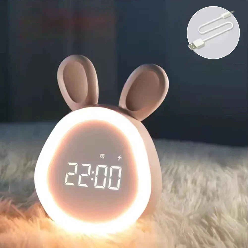 Rosa Hasenwecker mit LED Nachtlicht & sanfter Dimmfunktion für Kinder, ideal fürs Kinderzimmer.