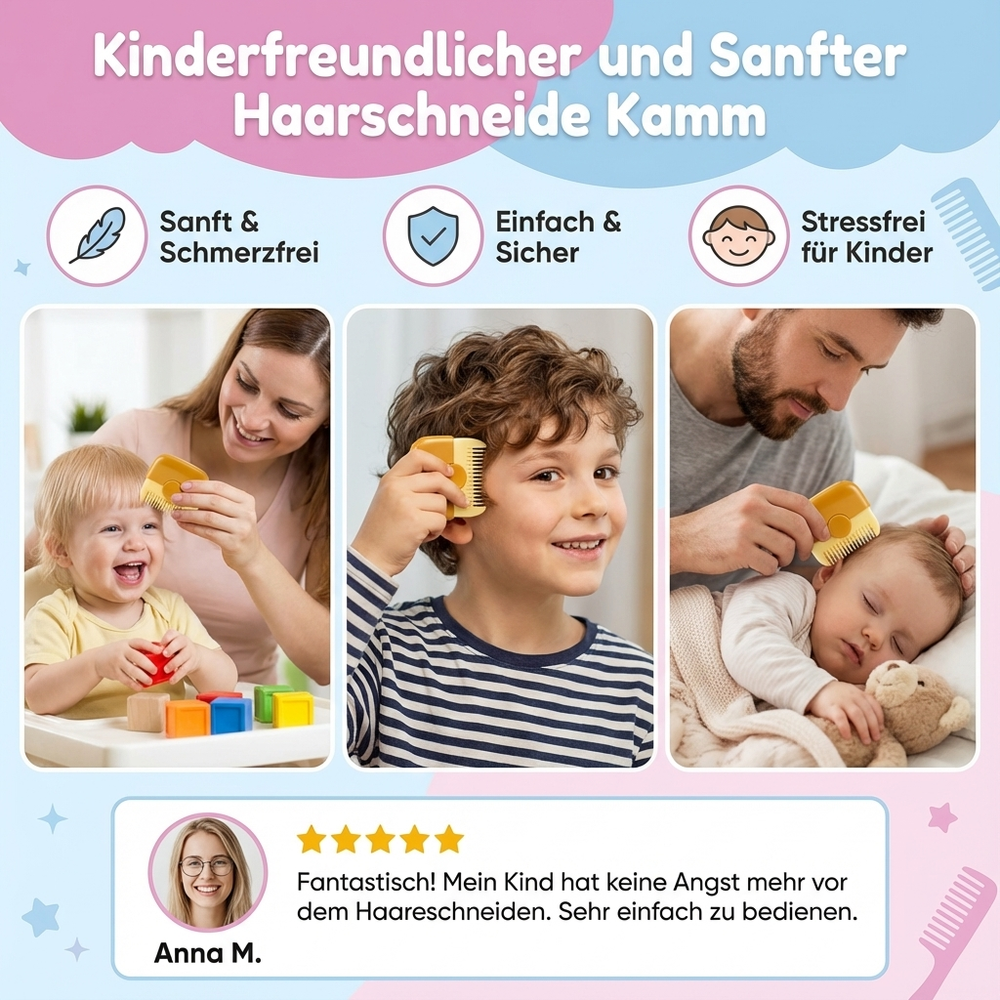 Grüner Kinderfrisierkamm, ergonomisch geformt für sicheres Haareschneiden bei kleinen Köpfen.