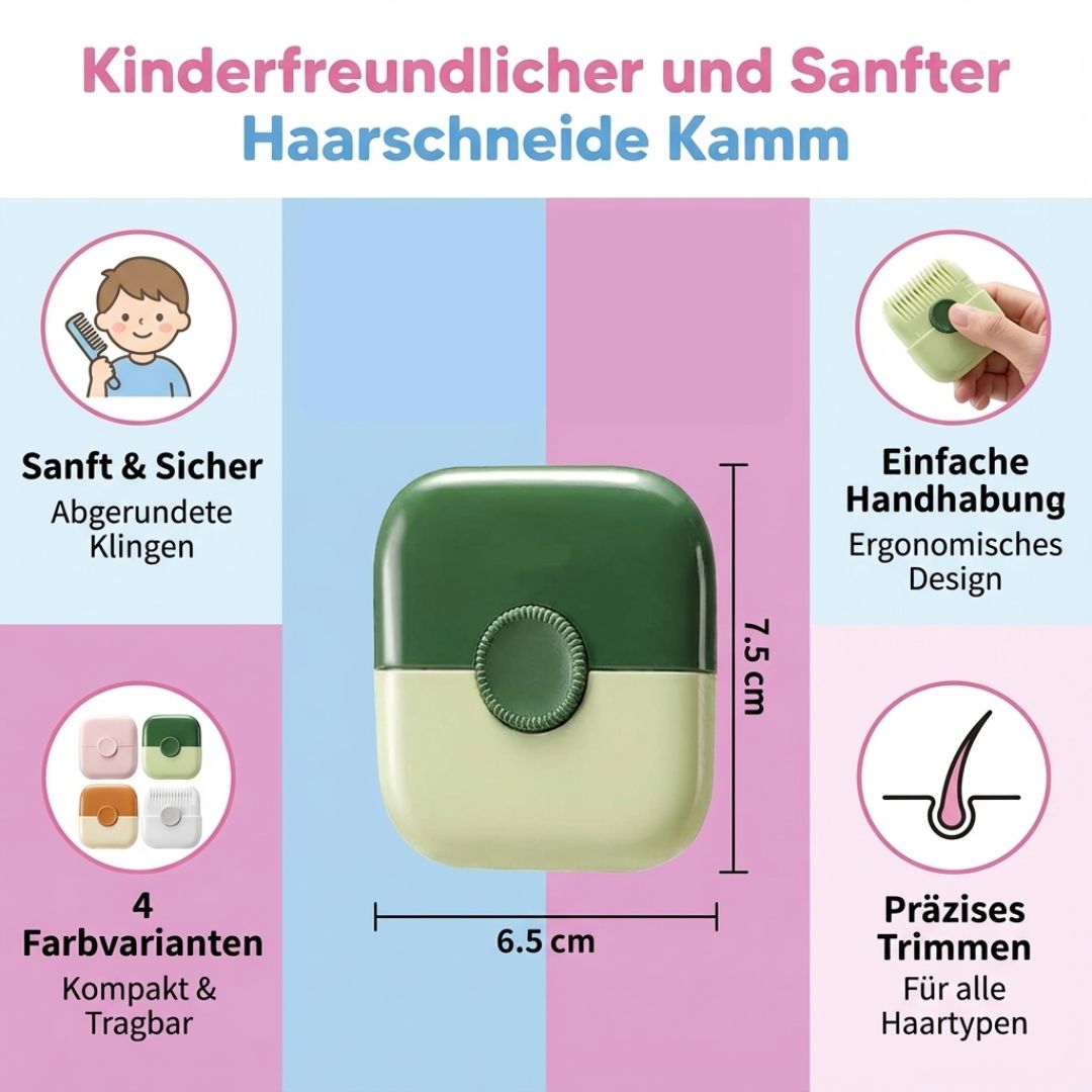 Kinderkamm zum Haareschneiden, mit sanften Zinken für empfindliche Kopfhaut. Stressfreie Anwendung.
