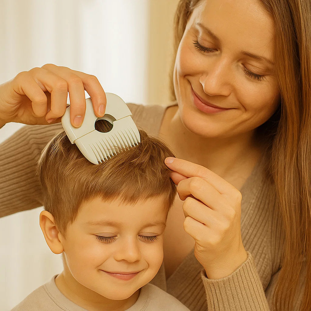 Grüner Kinderfrisierkamm, speziell entwickelt für eine stressfreie Haarpflege kleiner Köpfe.