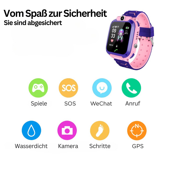 Süße rosa Kinder Smartwatch für Mädchen mit GPS, Notruftaste, Schulmodus und wasserdichter Funktion.