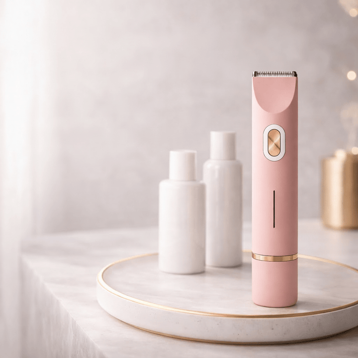 Stilvoller rosa/lila Damen Elektrorasierer. Ergonomisches Design für sanfte, kabellose Körperhaarentfernung.