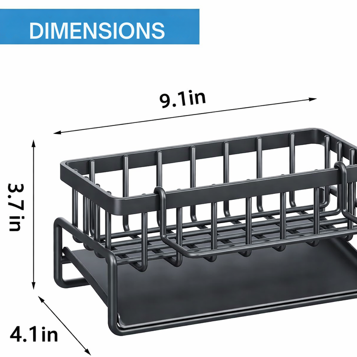 Moderner Küchen-Organizer aus rostfreiem Edelstahl mit Halterung für Spülmittel, Schwamm & Tuch. Perfekte Spülbeckenlösung.