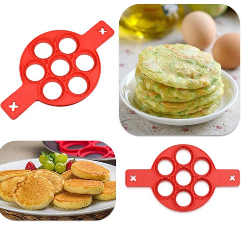 Vielseitige Pfannkuchenpfanne mit Antihaftbeschichtung. Macht 7 Pfannkuchen oder Eier in Herz- & Kreisform.