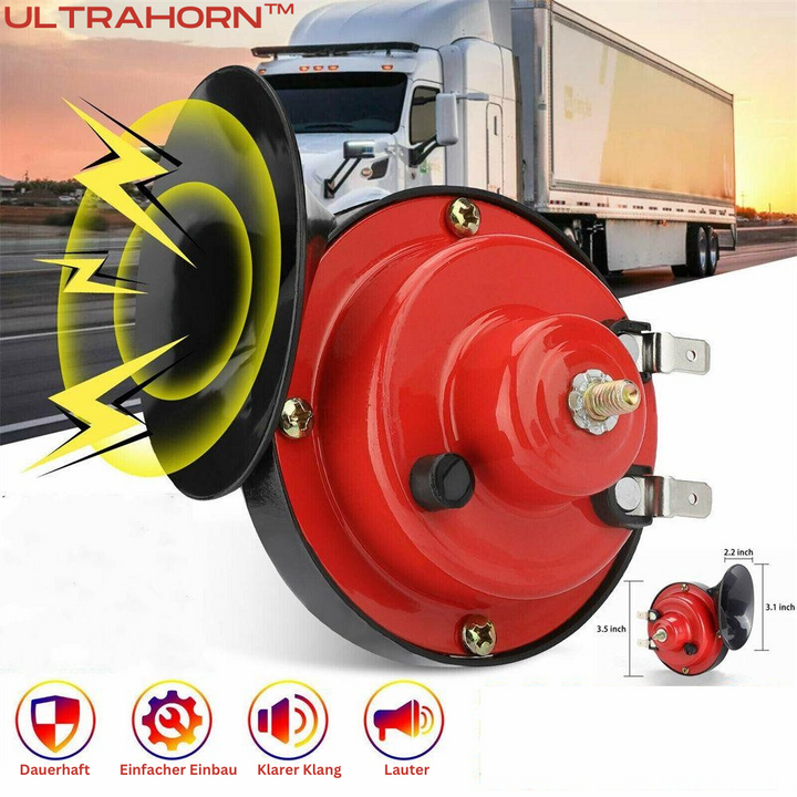 Rote RoadGuard Max 12V Sicherheitshupe aus ABS Polymer. Extra laut für Auto, Motorrad, Boot. Wetterfest, einfache Installation.
