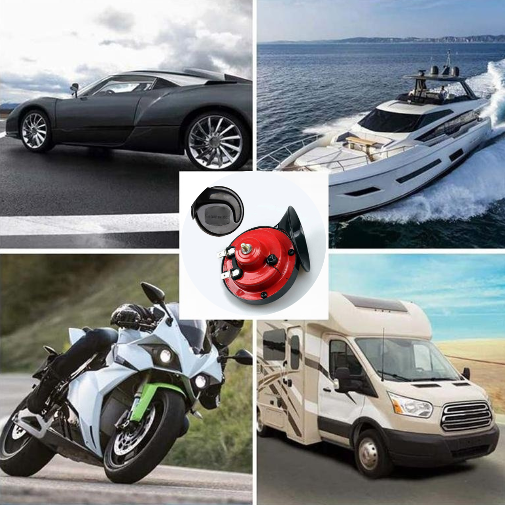 Rote RoadGuard Max Signalhorn, laute Sicherheitshupe für mehr Fahrzeugsicherheit. 12V wetterfest, für Auto, Motorrad, Boot.
