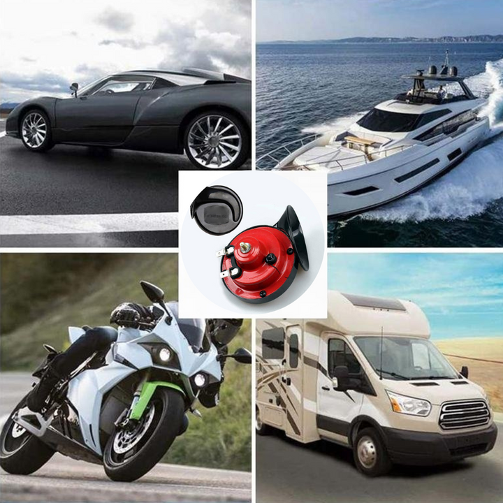 Rote RoadGuard Max Signalhorn, laute Sicherheitshupe für mehr Fahrzeugsicherheit. 12V wetterfest, für Auto, Motorrad, Boot.
