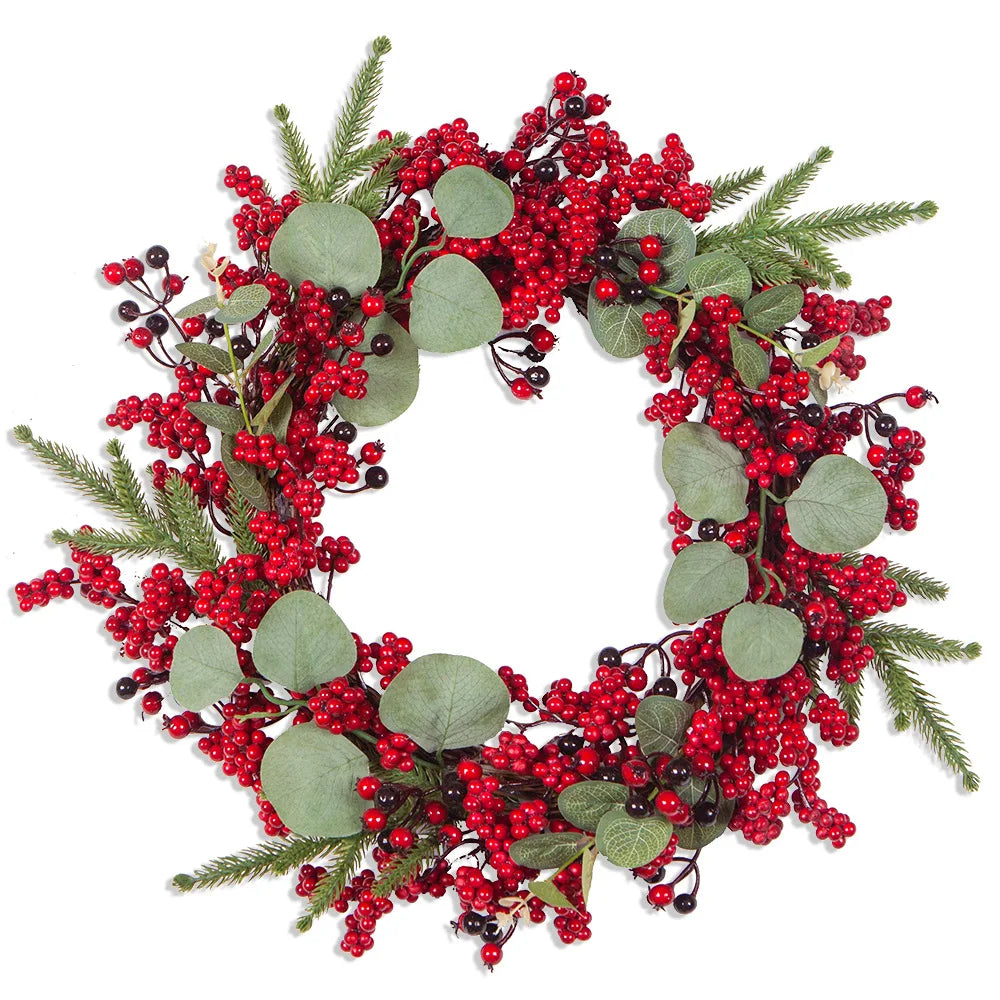Ganzjähriger Kunstkranz mit roten Beeren, 45cm. Als festlicher Türkranz oder elegante Winterdeko.