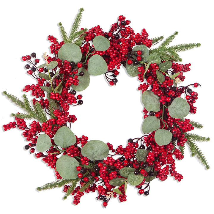 Ganzjähriger Kunstkranz mit roten Beeren, 45cm. Als festlicher Türkranz oder elegante Winterdeko.
