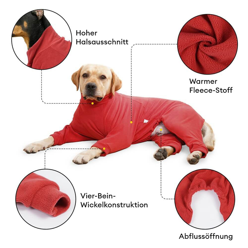 Roter Hundepyjama, perfekt für große Hunde, als warme Haustierkleidung im Winter.