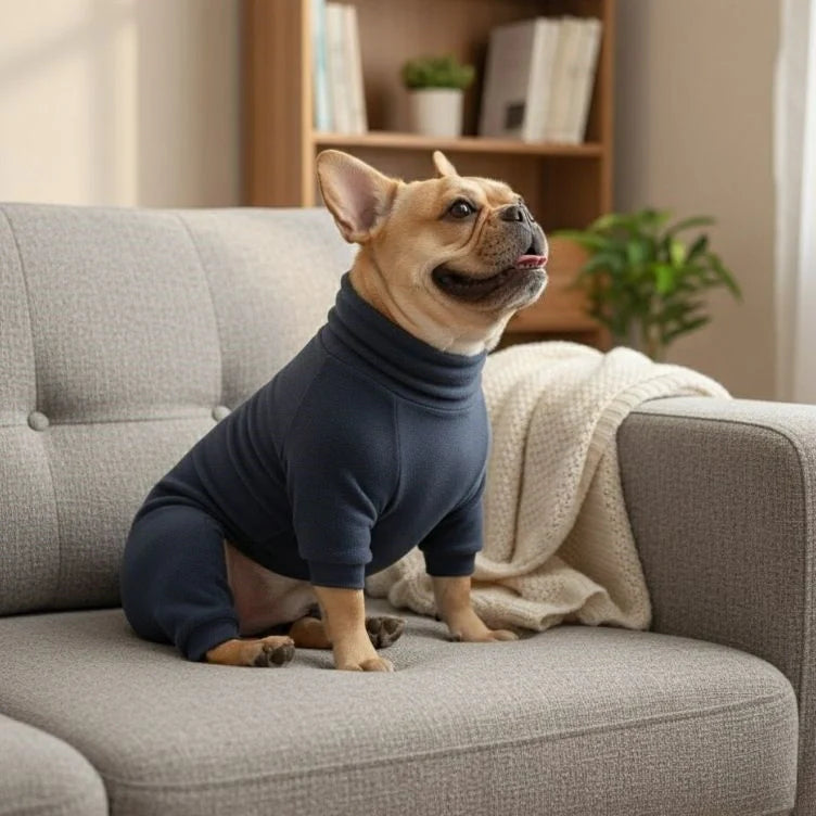 Warmer Hundepyjama in Rot, speziell für große Hunde, als schützende Winterkleidung.