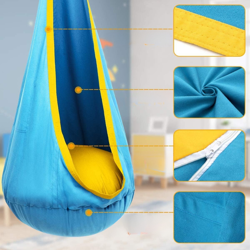 Grüner Kinder Hängesack als Schwebesitz, ideal für Spiel und Ruhe im Garten oder Kinderzimmer.