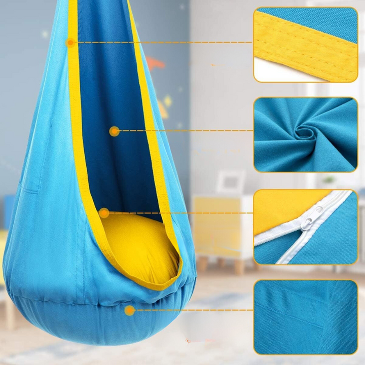 Grüner Kinder Hängesack als Schwebesitz, ideal für Spiel und Ruhe im Garten oder Kinderzimmer.