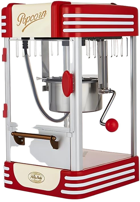 Eleganter roter Retro Popcornmaker im Vintage-Stil. Elektrisch, mit Timer für perfekten Kinosnack.