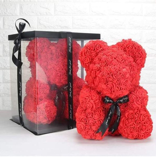 Roter Rosenbär aus künstlichen Rosenblüten, handgemacht. Romantisches, ewiges Geschenk für Valentinstag & Jahrestag.