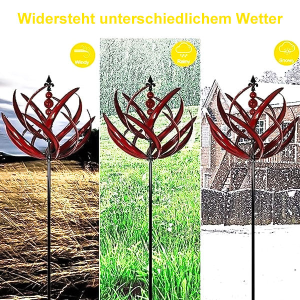 Künstlerische Garten-Wetterfahne aus Metall, rotierend, blau-rostfarben, ein Windspiel-Highlight.