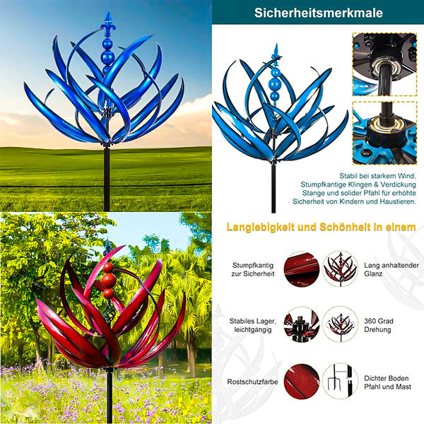 Detailaufnahme der rotierenden Metall-Flügel der Garten-Wetterfahne, Rostoptik & Blau.