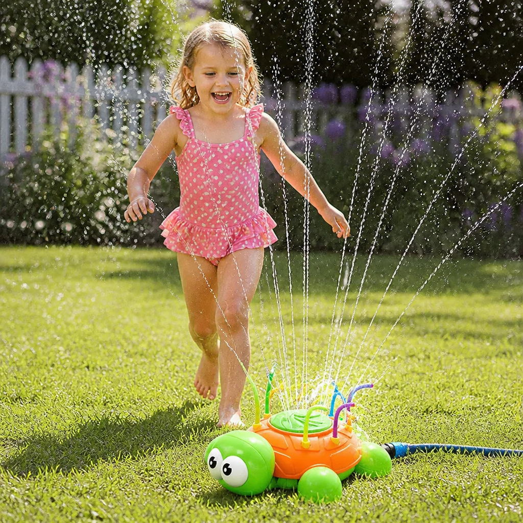 Lustiger Schildkröten-Wasserspielzeug-Sprinkler mit bunten Wasserstrahlen für Outdoor-Spiel und Sommerabkühlung.