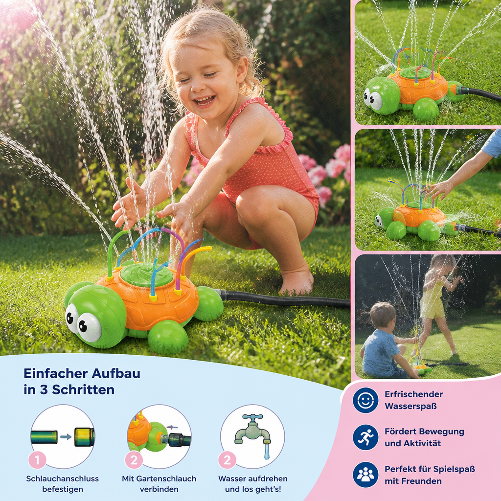 Interaktives Schildkröten-Gartenspielzeug, das Kinder im Sommer mit rotierenden Wasserstrahlen abkühlt und unterhält.