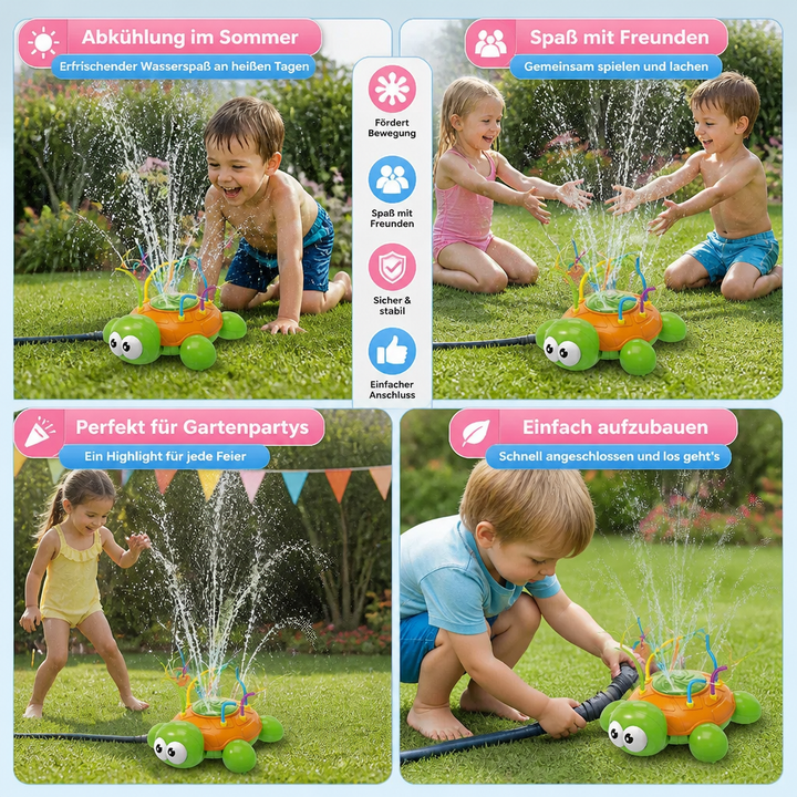 Grüner Schildkröten-Sprinkler als Wasserspielzeug, das beim Planschen im Garten für sommerlichen Spaß sorgt.