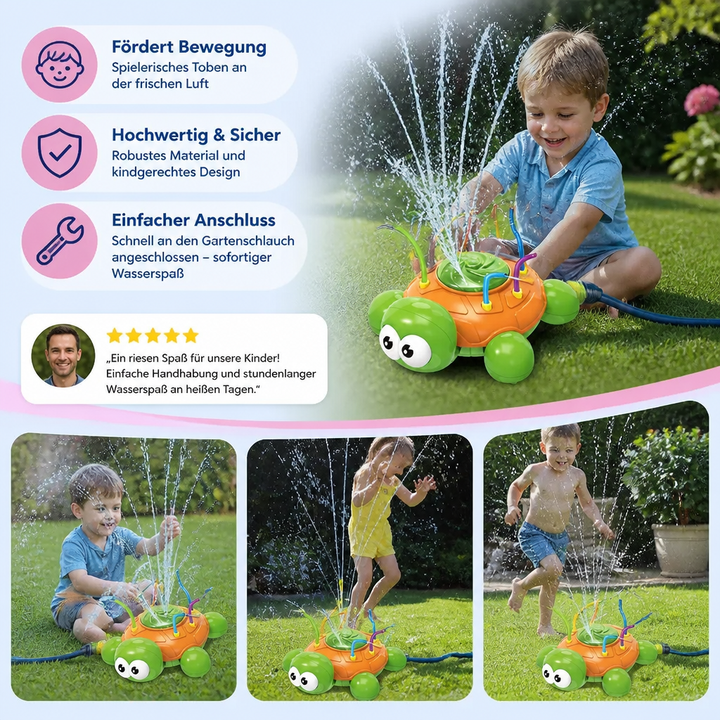 Kinderfreundlicher Schildkröten-Sprinkler für abkühlenden Outdoor-Sommerspaß und spannende Wasserspiele im Garten.