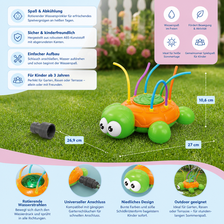 Farbenfroher Schildkröten-Sprinkler, ein ideales Wasserspielzeug für Kinder, das im Garten sommerliche Abkühlung bietet.