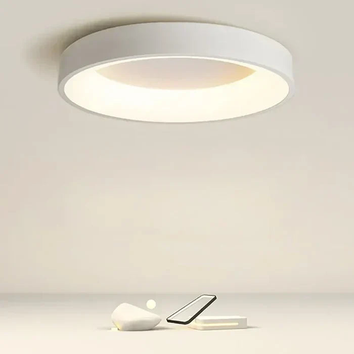 Runde LED Deckenlampe im skandinavischen Design, ideal für modernes Wohnzimmer. Energieeffiziente Innenbeleuchtung.