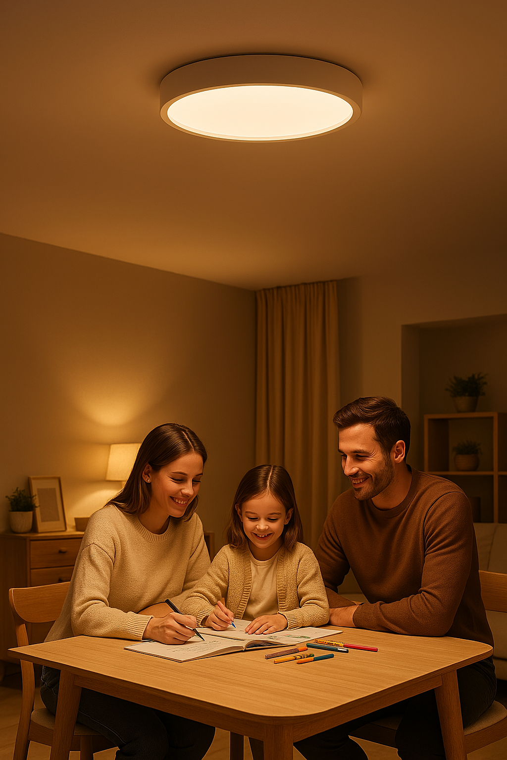 Stimmungsvolle, energieeffiziente runde LED Deckenlampe. Skandinavische Ambientebeleuchtung für Ihr Zuhause.