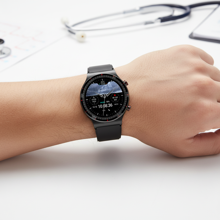 Runde Smartwatch mit Medizinsensoren und digitalem Display am Handgelenk.