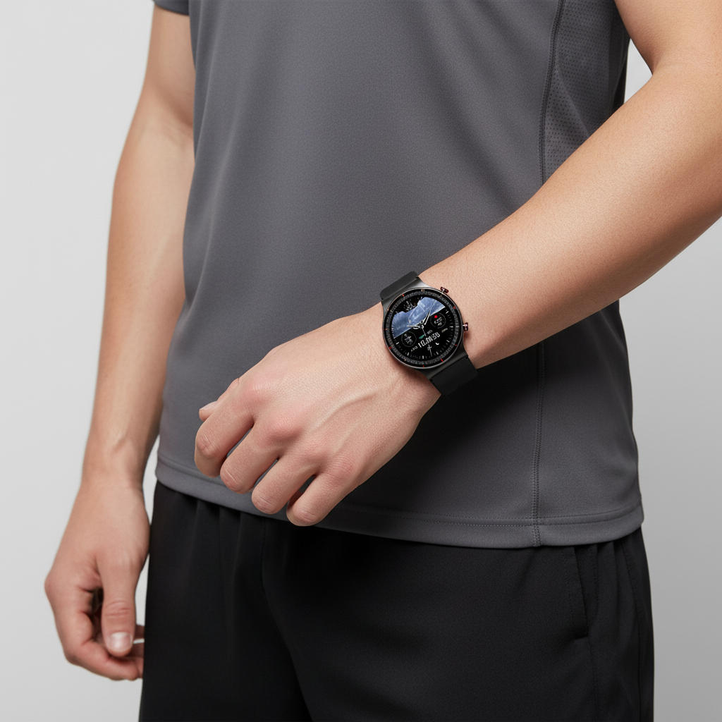Elegante runde Smartwatch für Damen & Herren mit medizinischen Funktionen. Technologie für Gesundheit.