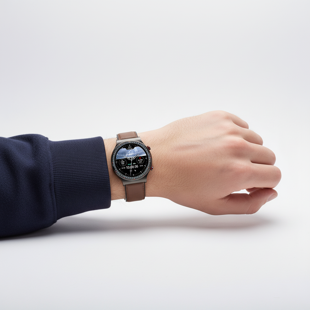 Detailaufnahme der VitalWatch: Klares digitales Display zeigt Gesundheitsdaten in Echtzeit an.