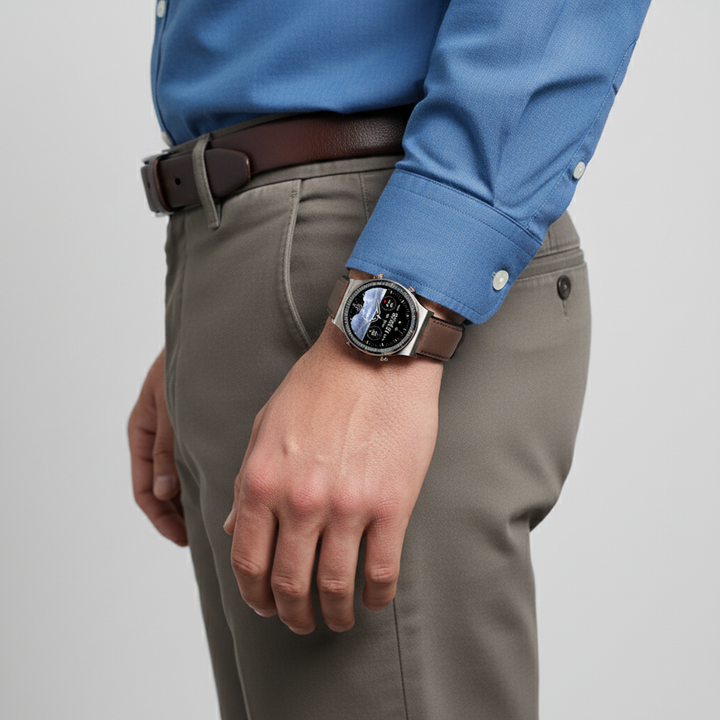 Person mit VitalWatch beim Joggen: Sportuhr trackt Aktivität, Herzfrequenz und Fitnesslevel.