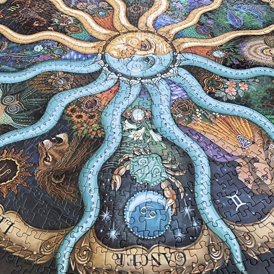 Nahaufnahme des runden 1000-Teile Sternzeichen-Puzzles; zeigt feine Horoskop-Details und brillante Farben.